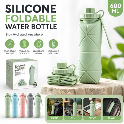 Foldable Silicone Reusable Water Bottle 600ML – Leakproof & Portable