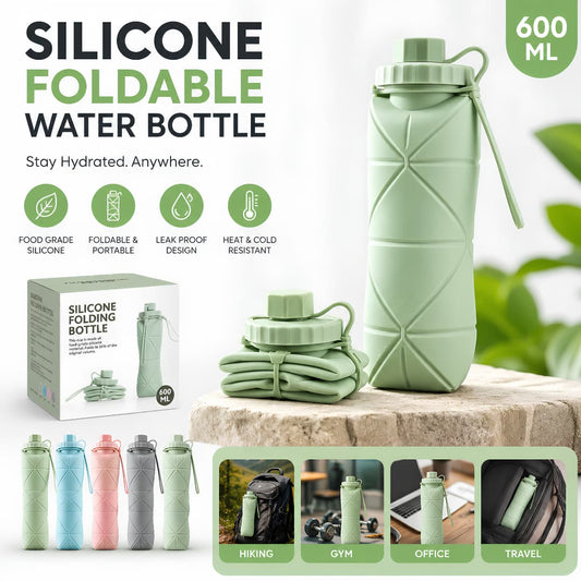 Foldable Silicone Reusable Water Bottle 600ML – Leakproof & Portable