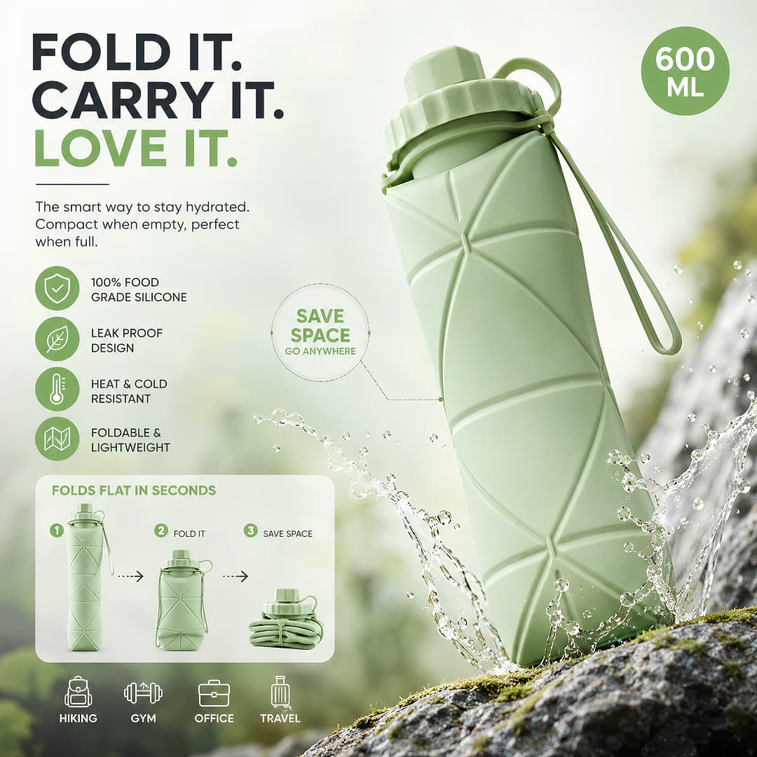 Foldable Silicone Reusable Water Bottle 600ML – Leakproof & Portable