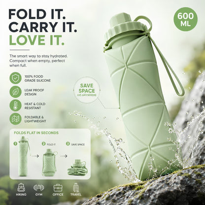 Foldable Silicone Reusable Water Bottle 600ML – Leakproof & Portable