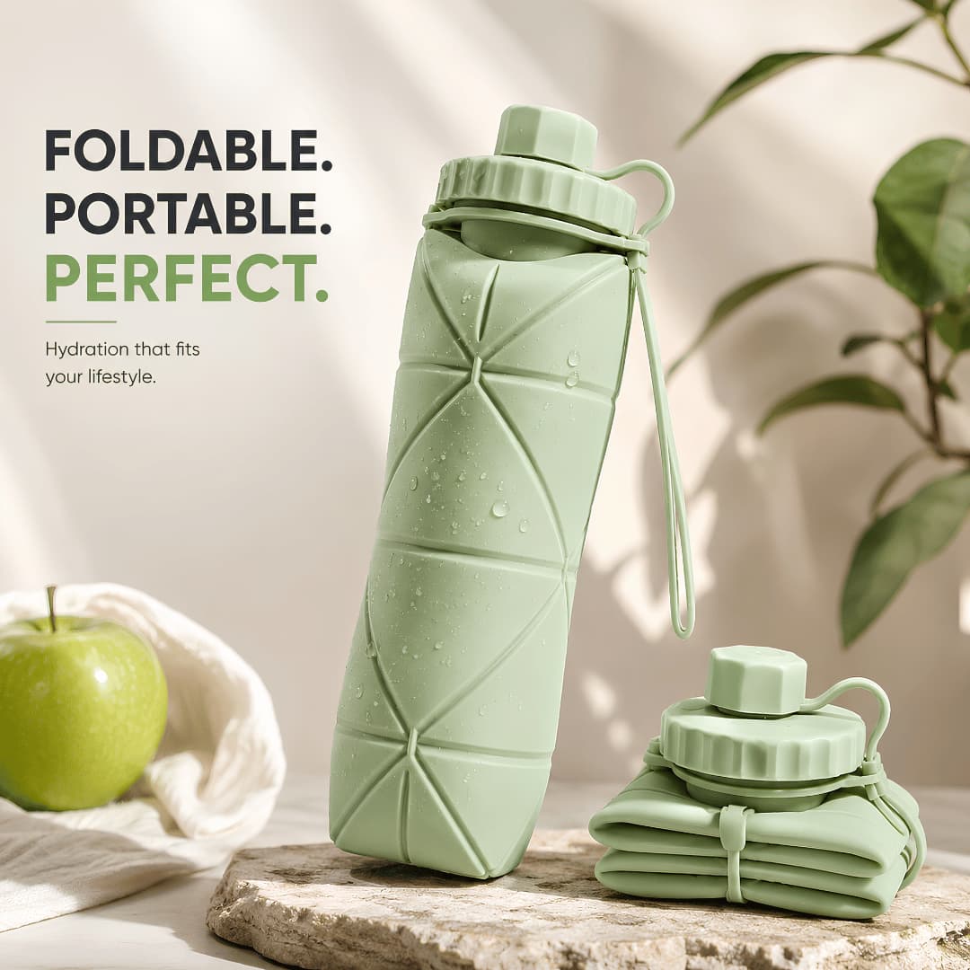 Foldable Silicone Reusable Water Bottle 600ML – Leakproof & Portable