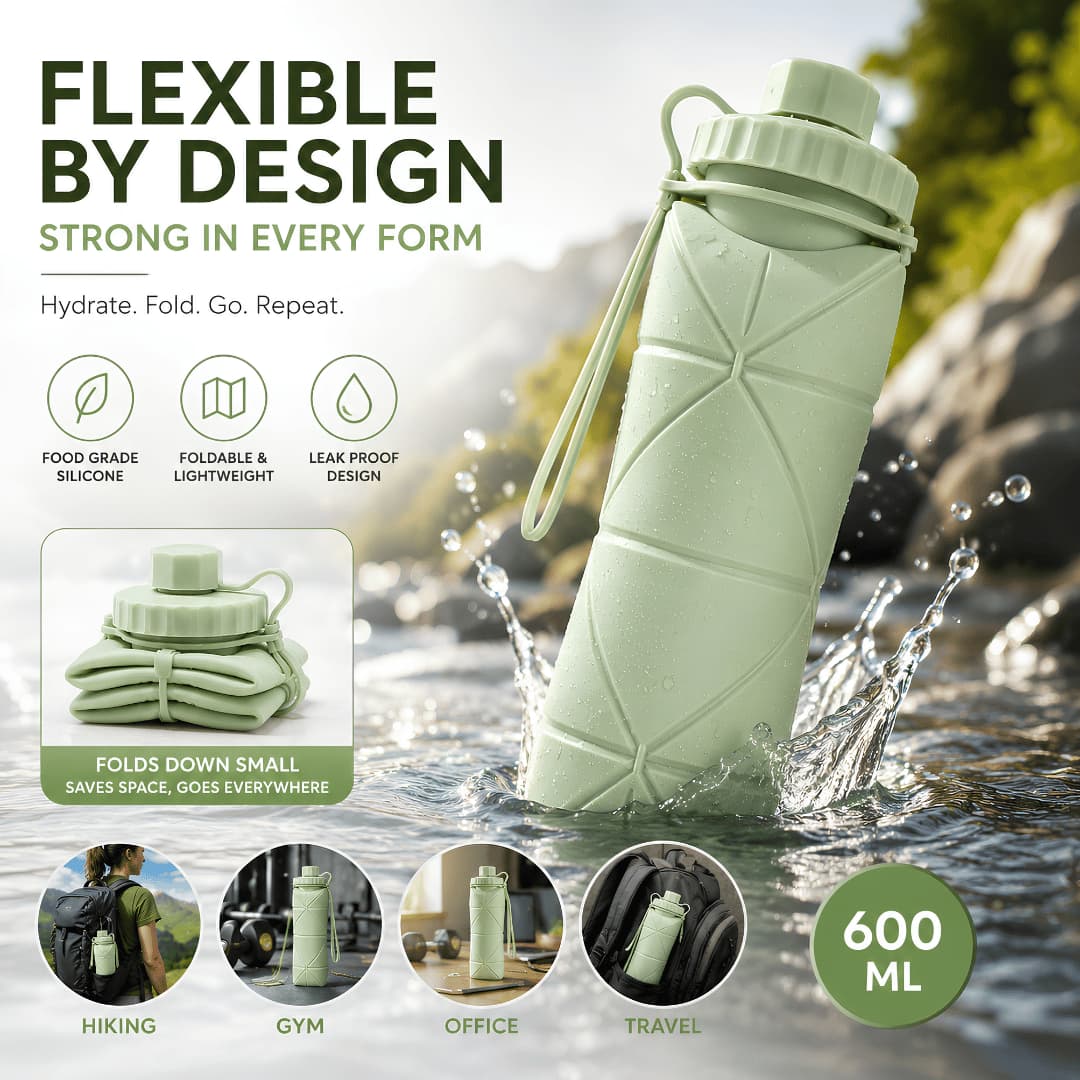 Foldable Silicone Reusable Water Bottle 600ML – Leakproof & Portable