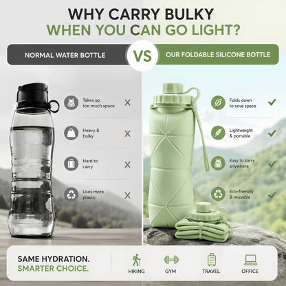 Foldable Silicone Reusable Water Bottle 600ML – Leakproof & Portable