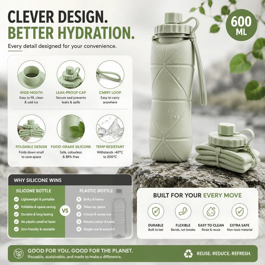 Foldable Silicone Reusable Water Bottle 600ML – Leakproof & Portable