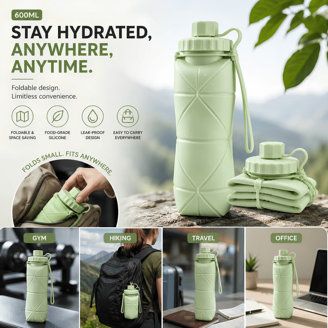 Foldable Silicone Reusable Water Bottle 600ML – Leakproof & Portable