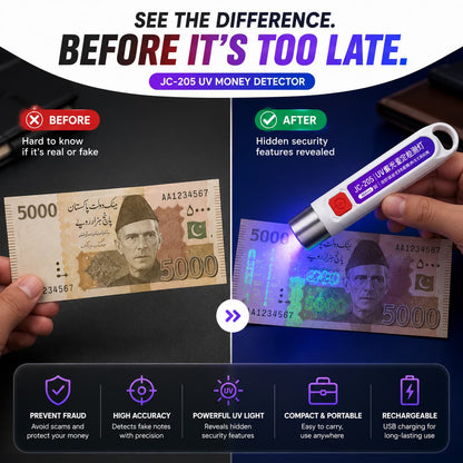 JC-205 UV Fake Money Detector - Verify Notes, Cheques & Bonds - Protection From Scammers