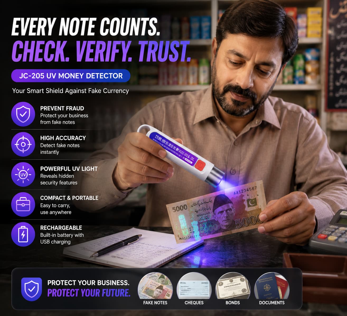 JC-205 UV Fake Money Detector - Verify Notes, Cheques & Bonds - Protection From Scammers