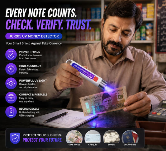 JC-205 UV Fake Money Detector - Verify Notes, Cheques & Bonds - Protection From Scammers
